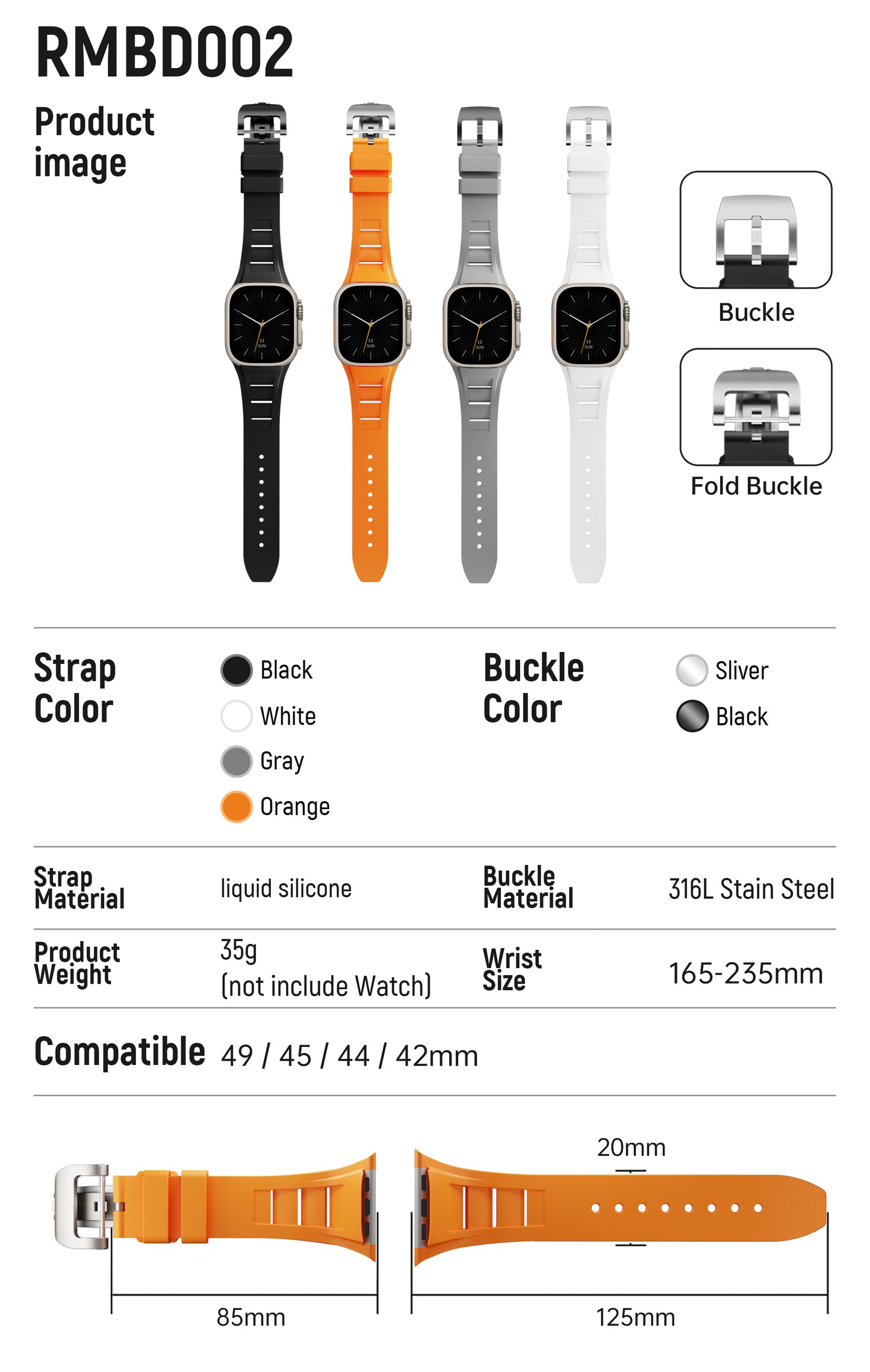 Liquid Silicone Rubber Strap for Apple Watch 42 / 44 / 45 / 49