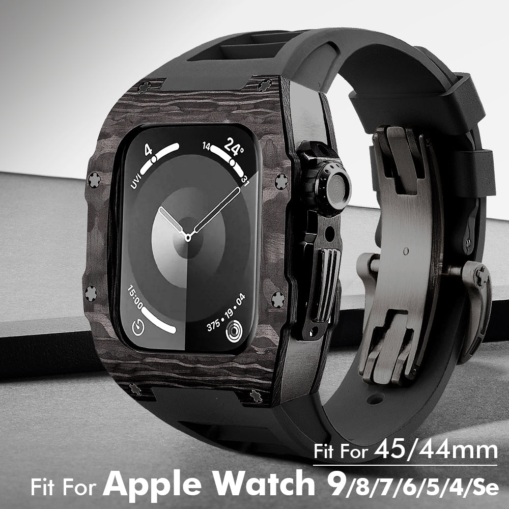 Apple Watch Case 44mm - Carbon Fiber Ti Black Case + Red Fluoro Strap (8 Screws)