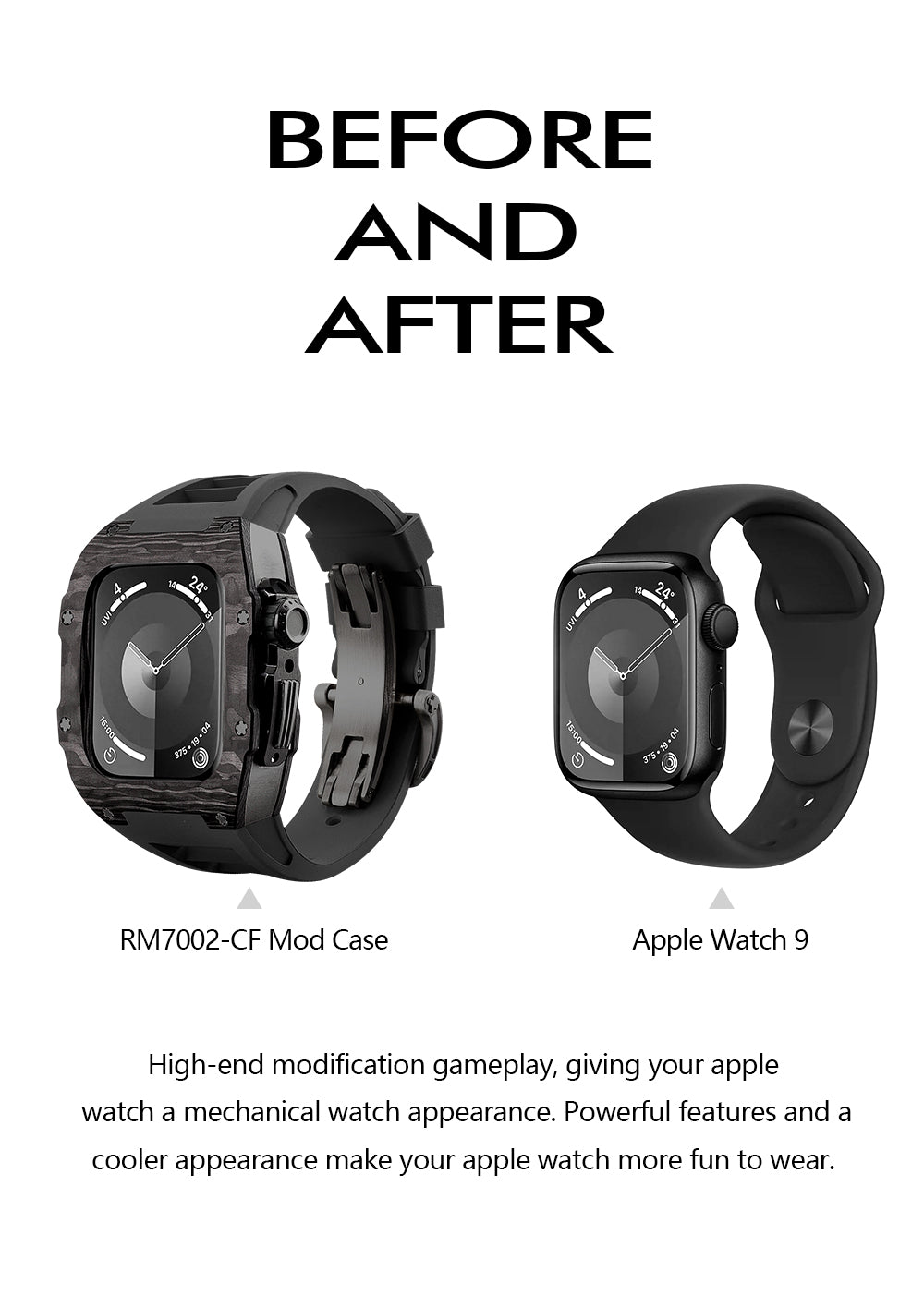 Apple Watch Case 44mm - Carbon Fiber Ti Black Case + Black Fluoro Strap (8 Screws)
