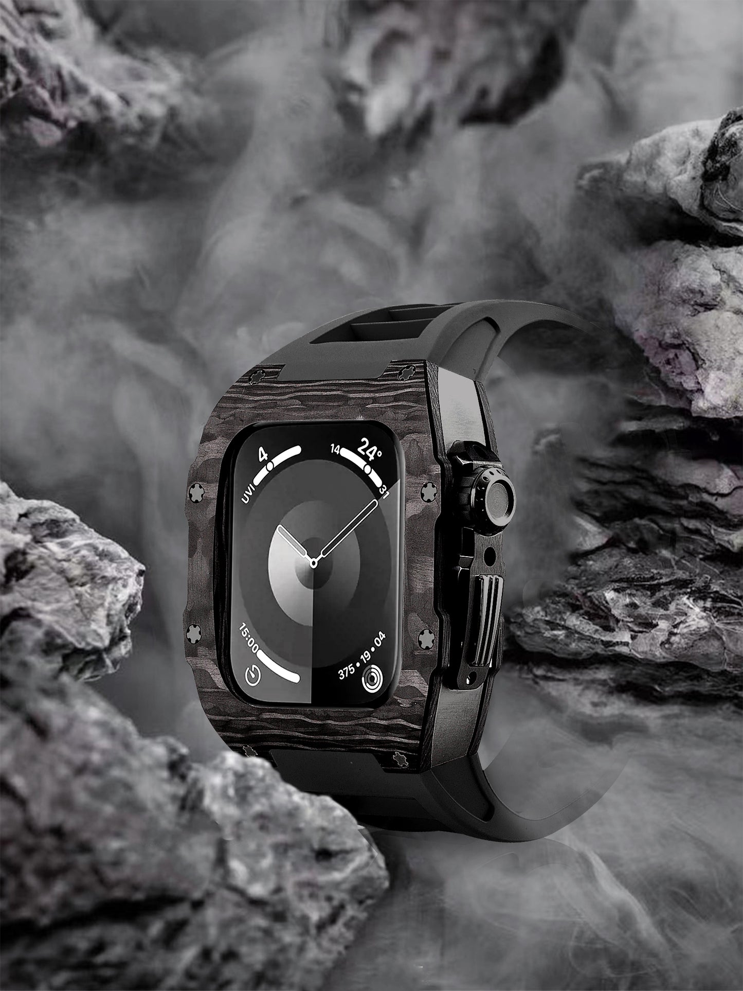 Apple Watch Case 44mm - Carbon Fiber Ti Black Case + White Fluoro Strap (8 Screws)