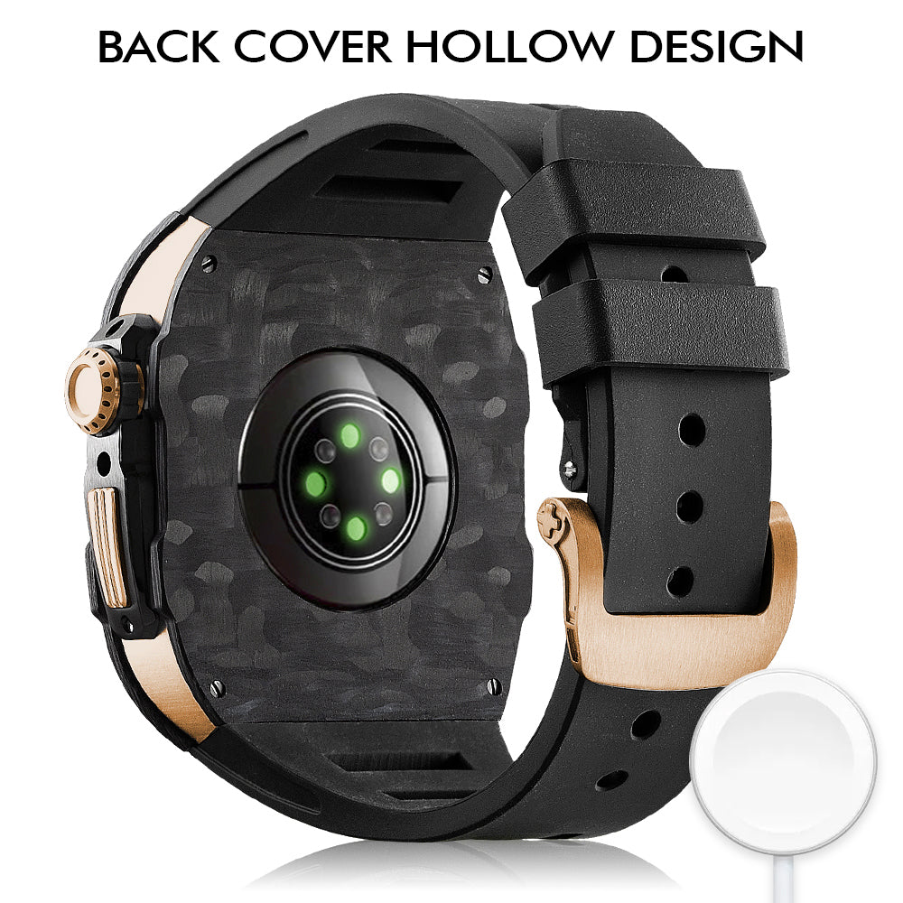 Apple Watch Case 44mm - Carbon Fiber Ti Rose Gold Case + Green Fluoro Strap (8 Screws)