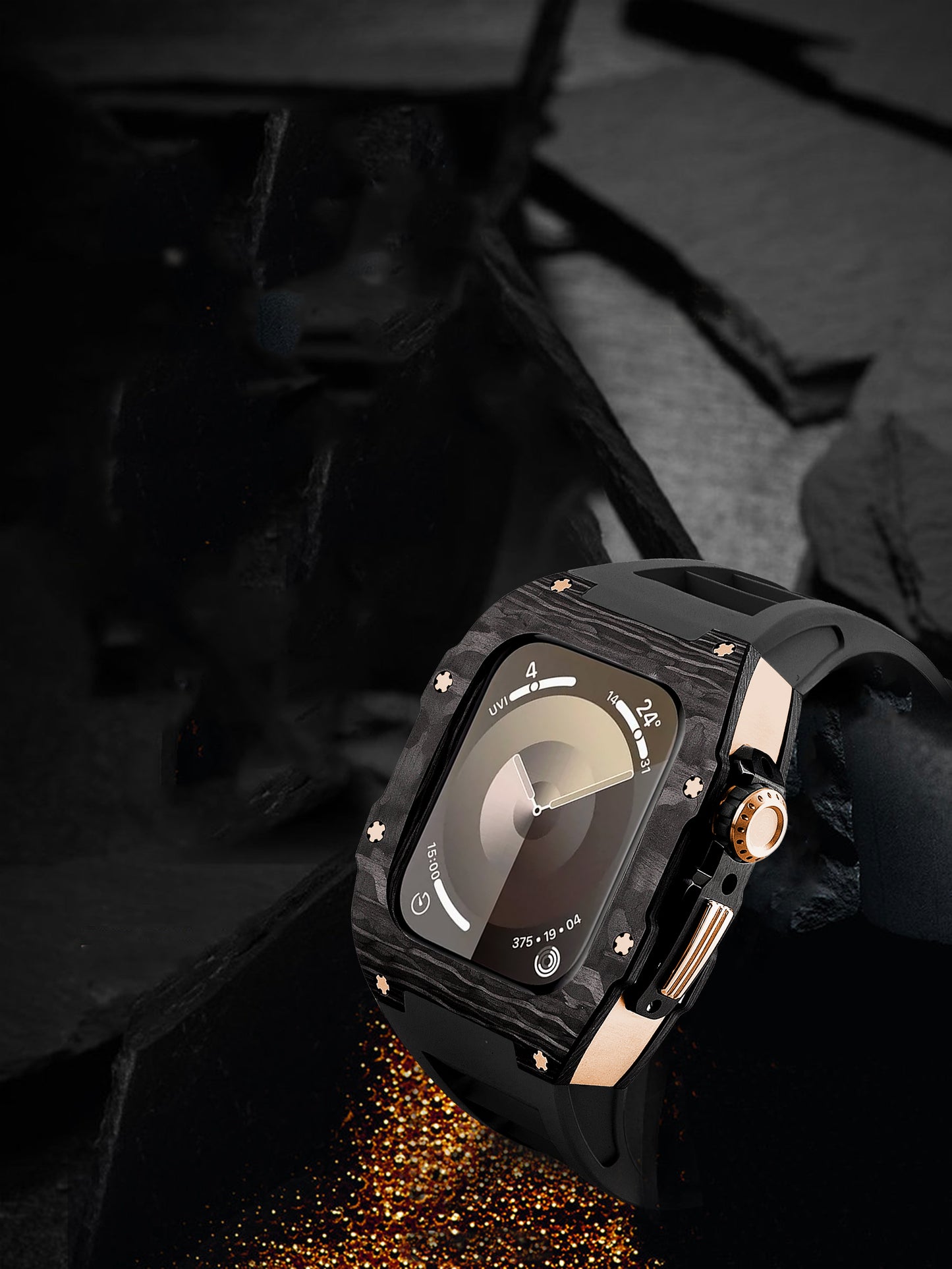 Apple Watch Case 44mm - Carbon Fiber Ti Black Case + Yellow Fluoro Strap (8 Screws)