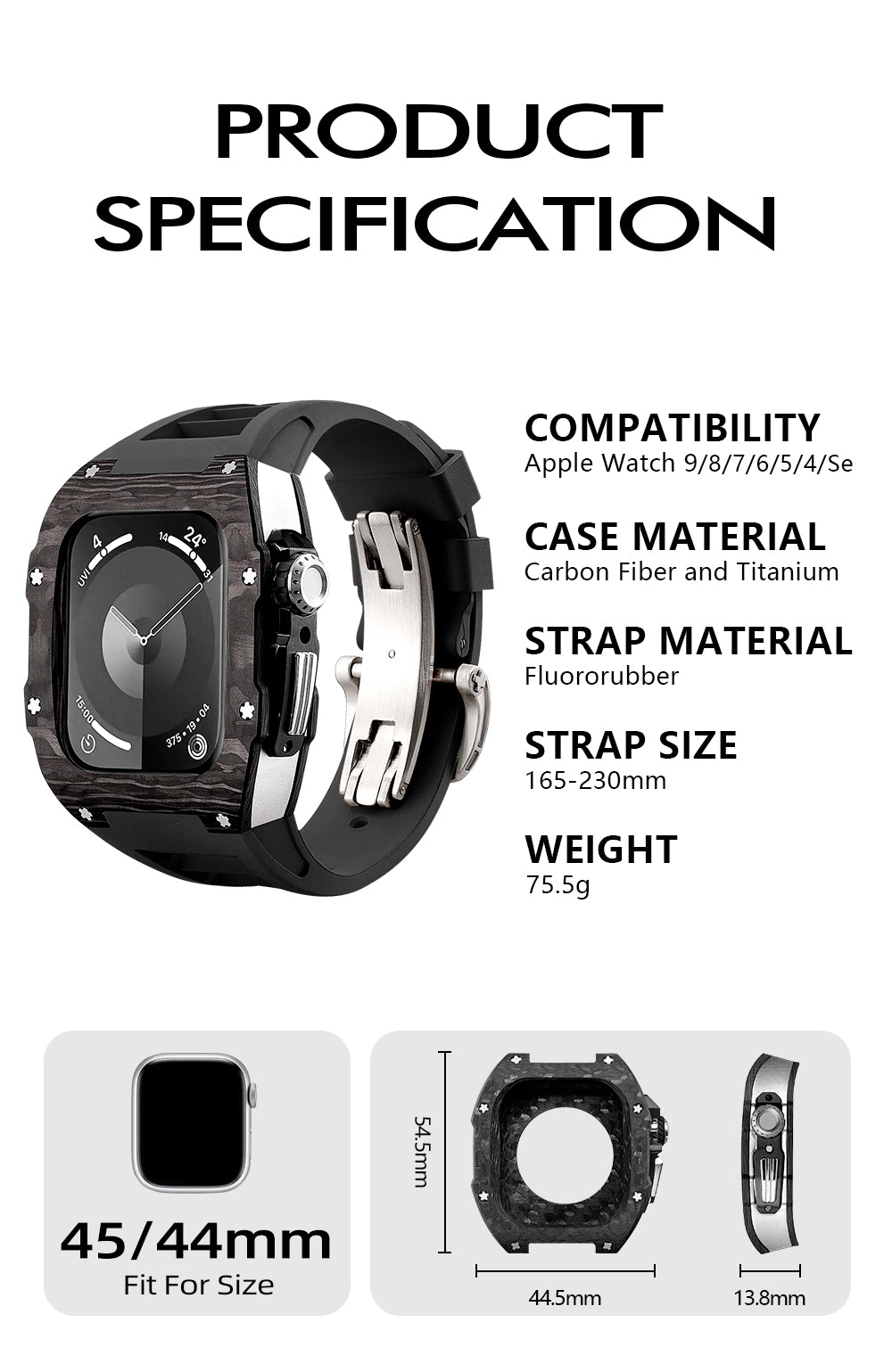 Apple Watch Case 44mm - Carbon Fiber Ti Case + Green Fluoro Strap (8 Screws)