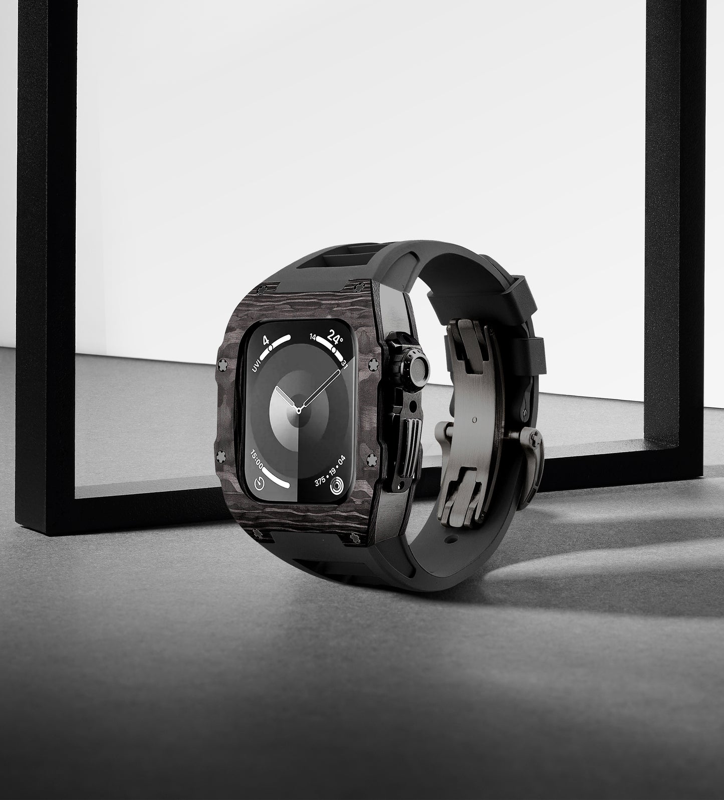 Apple Watch Case 44mm - Carbon Fiber Ti Black Case + Yellow Fluoro Strap (8 Screws)