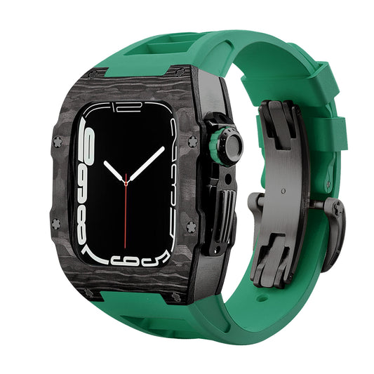 Apple Watch Case for Series 4/5/6/7/8/SE - Carbon Fiber Ti Black Case + Green Fluoro Strap