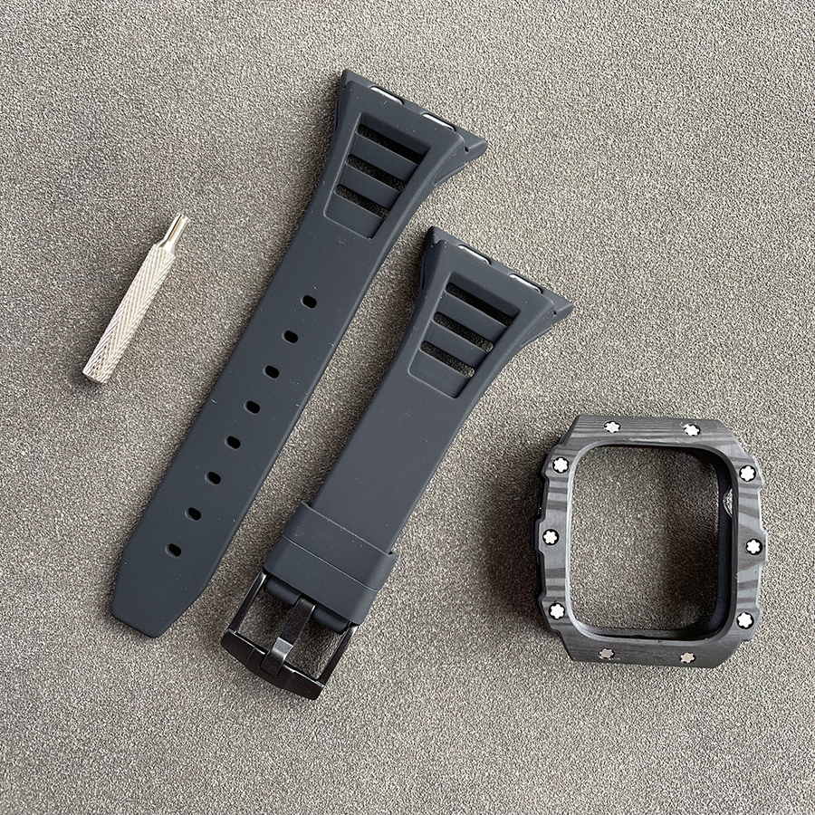 Apple Watch Case 41mm - Carbon Fiber Black Case + Black Silicone Strap (10 Screws)