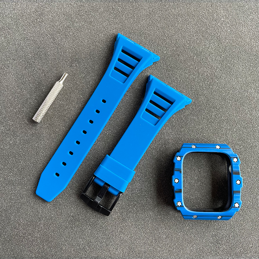 Apple Watch Case 45mm - Carbon Fiber Blue Case + Blue Silicone Strap