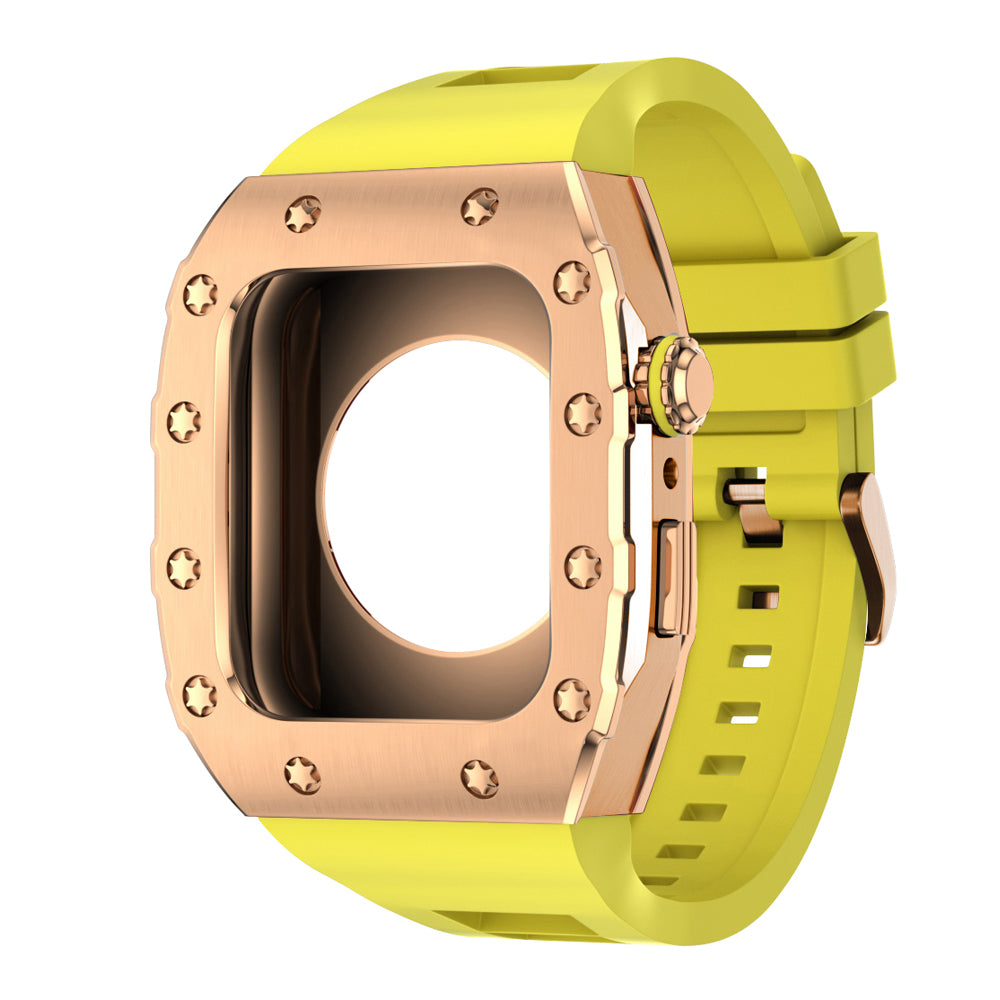 Apple Watch Case 45mm -  RG Bezel Rose Gold Case + Yellow Silicone Strap (12 Screws)