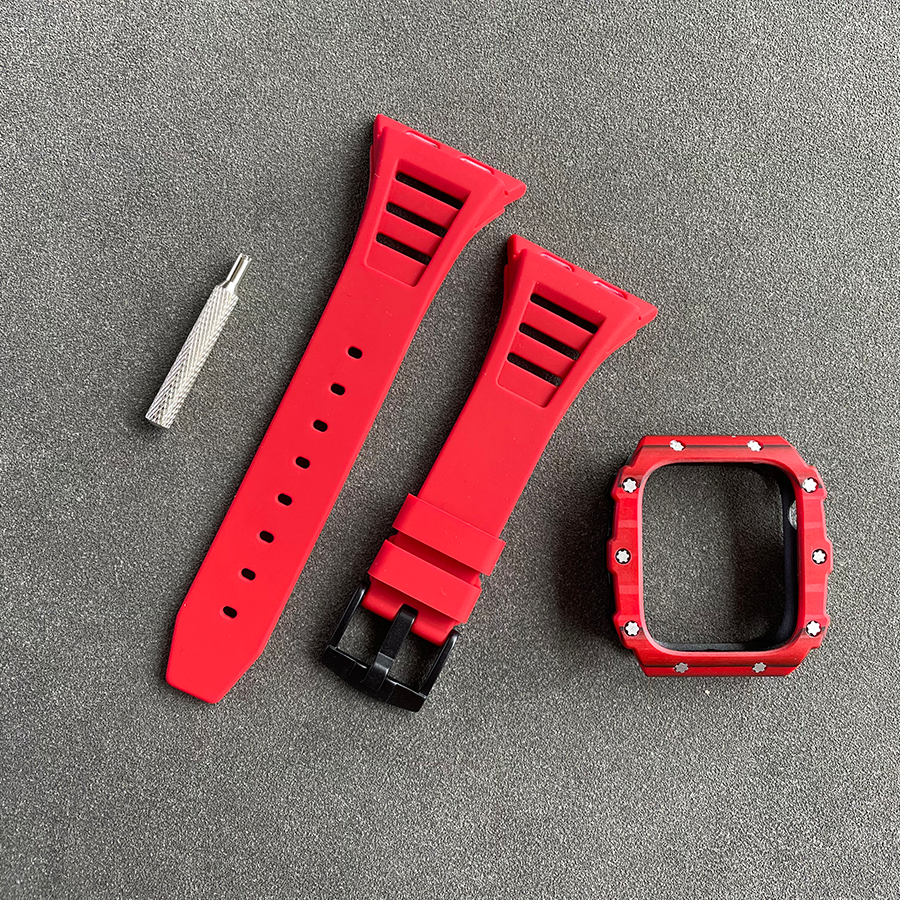 Apple Watch Case 44mm - Carbon Fiber Red Case + Red Silicone Strap