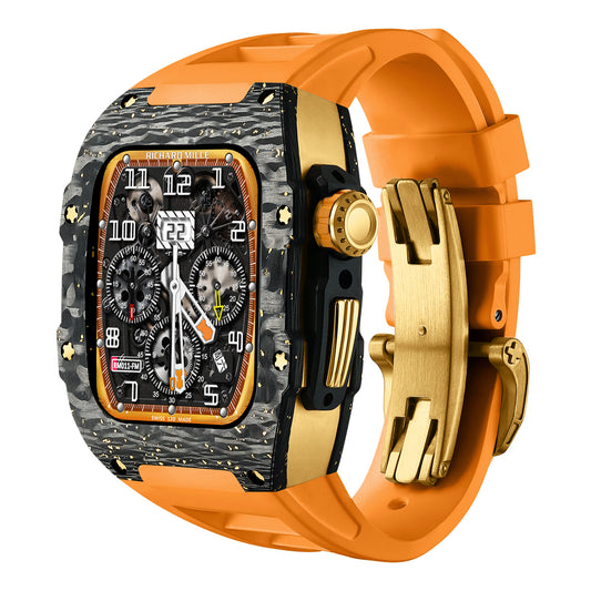 Apple Watch Case for Series 4/5/6/7/8/SE - Gold Foil Carbon Fiber Titanium Gold Case + Orange Fluoro Strap