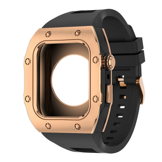 Apple Watch Case 45mm - RG Bezel Black Case + Black Silicone Strap (8 Screws)