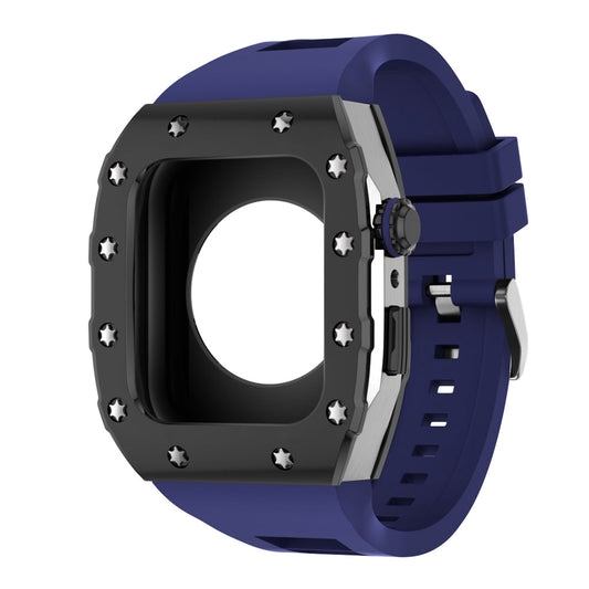 Apple Watch Case 44mm - Black Bezel Steel Case + Blue Silicone Strap (12 Screws)