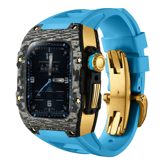 Apple Watch Case for Series 4/5/6/7/8/SE - Gold Foil Carbon Fiber Titanium Gold Case + Blue Fluoro Strap