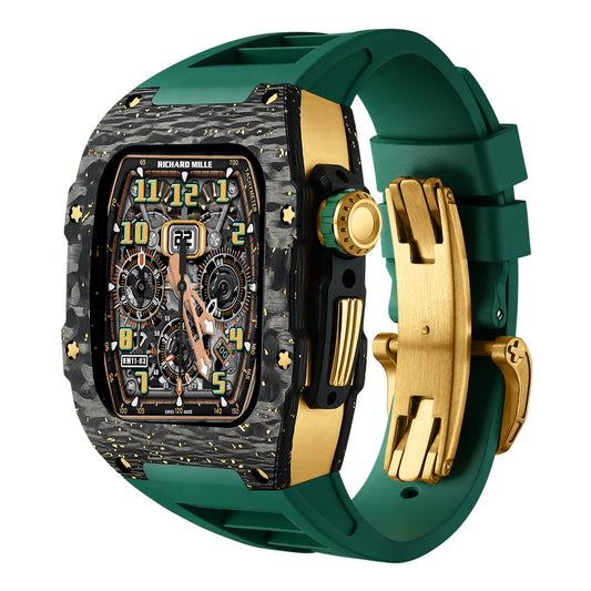 Apple Watch Case for Series 4/5/6/7/8/SE - Gold Foil Carbon Fiber Titanium Gold Case + Green Fluoro Strap