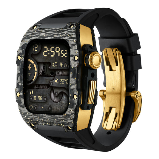 Apple Watch Case for Series 4/5/6/7/8/SE - Gold Foil Carbon Fiber Titanium Gold Case + Black Fluoro Strap