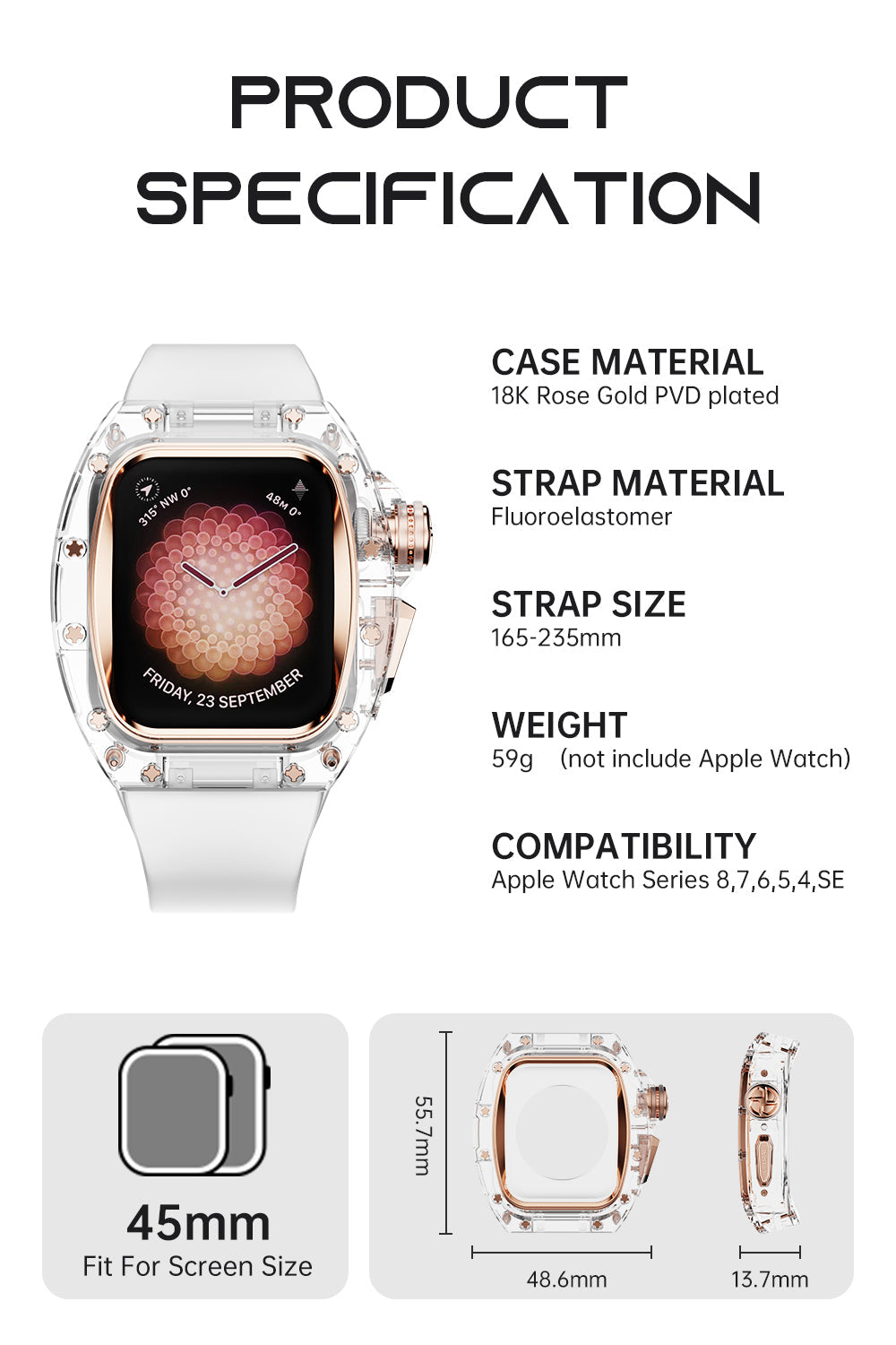 Apple Watch Case For Series 4/5/6/7/8/SE - K9 Grey Crystal Case RG Hardware
