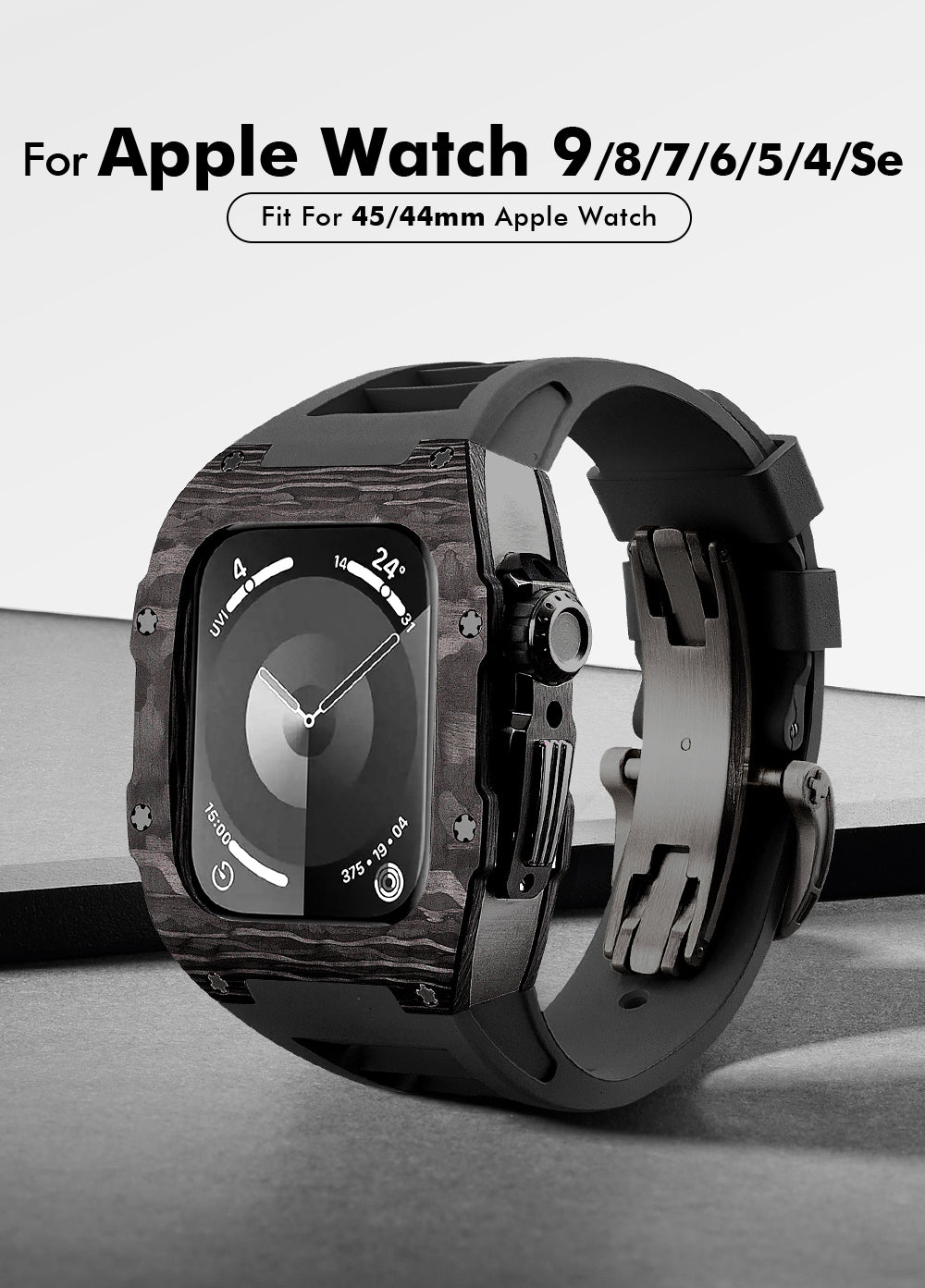 Apple Watch Case 44mm - Carbon Fiber Ti Black Case + Orange Fluoro Strap (8 Screws)