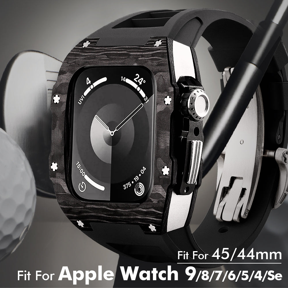 Apple Watch Case for Series 4/5/6/7/8/SE - Carbon Fiber Ti Case + Red Fluoro Strap