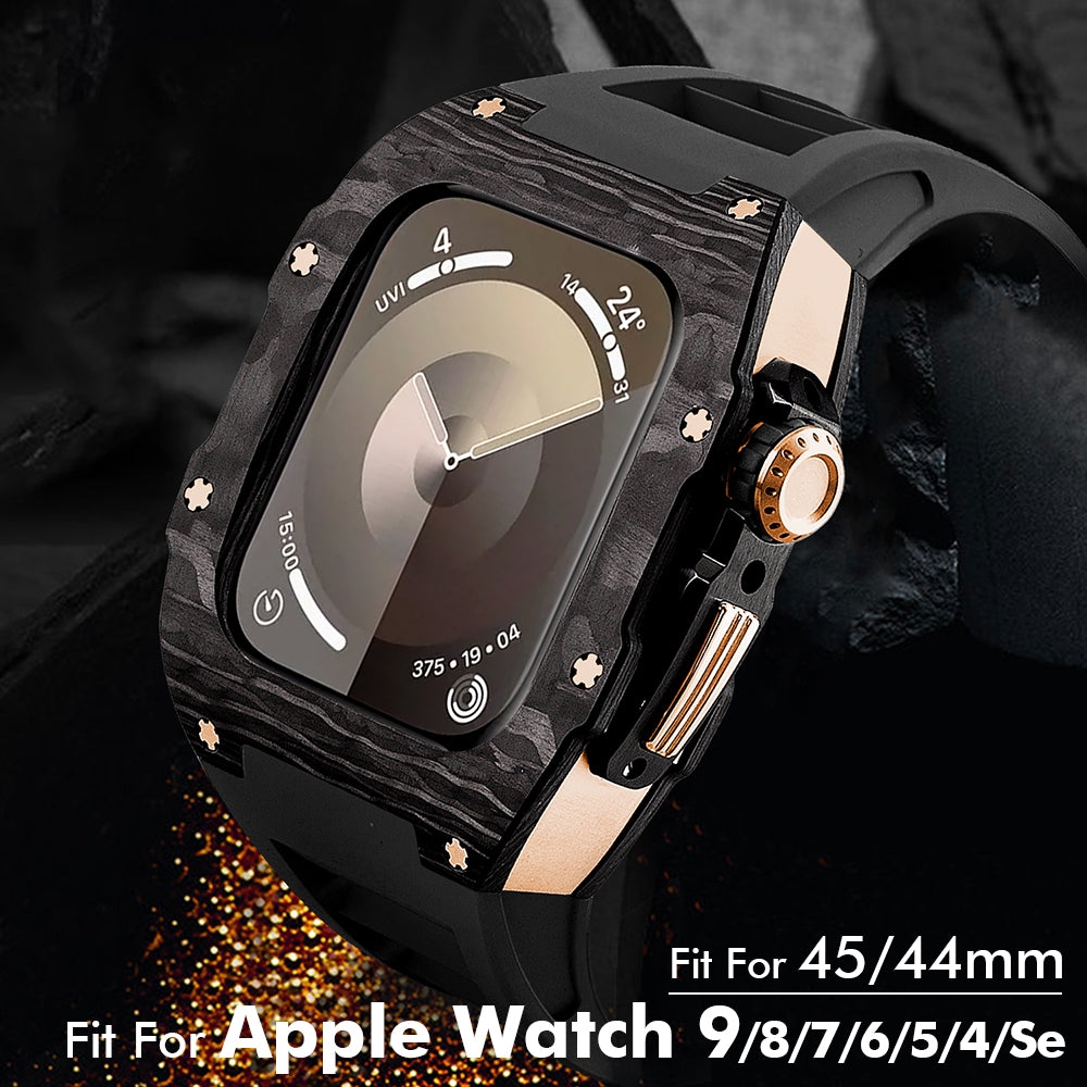 Apple Watch Case for Series 4/5/6/7/8/SE - Carbon Fiber Ti Rose Gold Case + Red Fluoro Strap