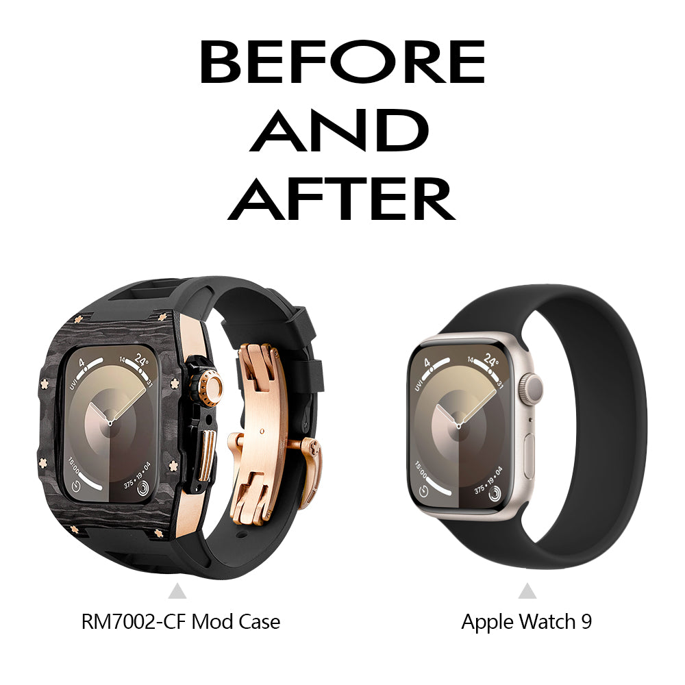 Apple Watch Case 44mm - Carbon Fiber Ti Rose Gold Case + Black Fluoro Strap (8 Screws)