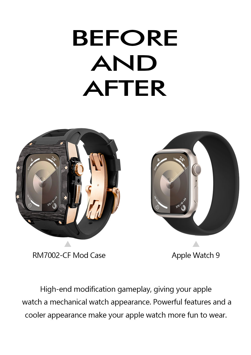 Apple Watch Case for Series 4/5/6/7/8/SE - Carbon Fiber Ti Rose Gold Case + Yellow Fluoro Strap