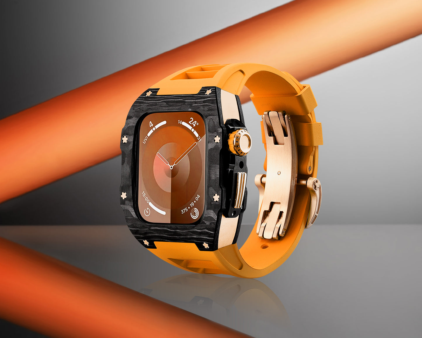 Apple Watch Case for Series 4/5/6/7/8/SE - Carbon Fiber Ti Rose Gold Case + Orange Fluoro Strap