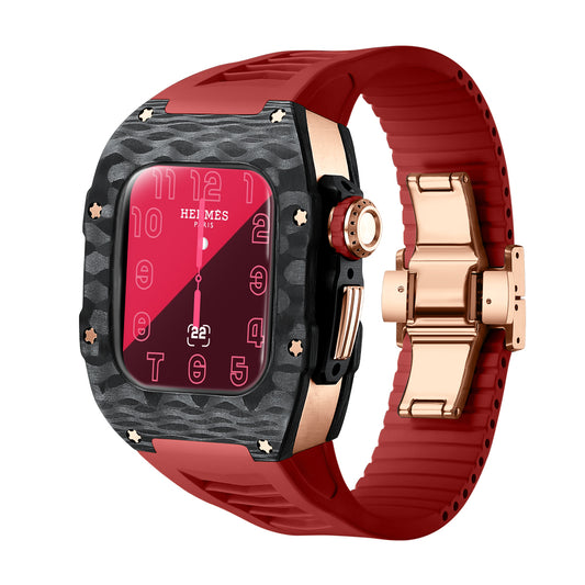 Watch Case for Series 7/8 41MM - Carbon Fiber Rose Gold Ti Case + Red Fluoro Strap
