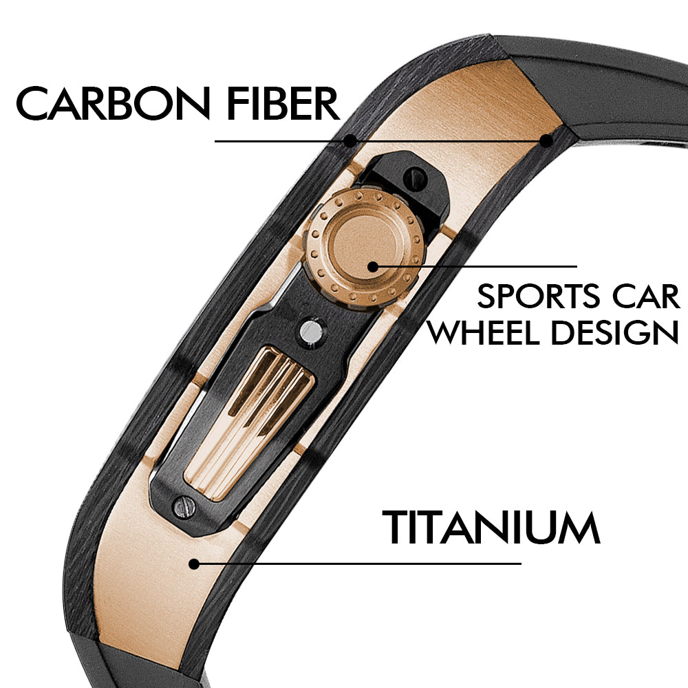 Apple Watch Case for Series 4/5/6/7/8/SE - Carbon Fiber Ti Rose Gold Case + White Fluoro Strap