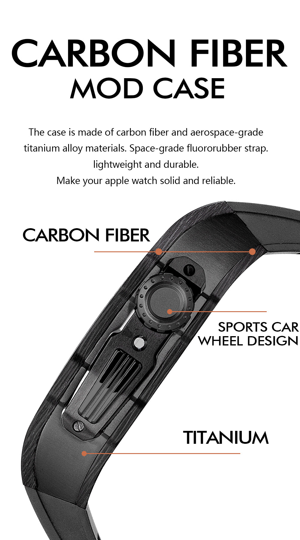 Apple Watch Case for Series 4/5/6/7/8/SE - Carbon Fiber Ti Black Case + Black Fluoro Strap