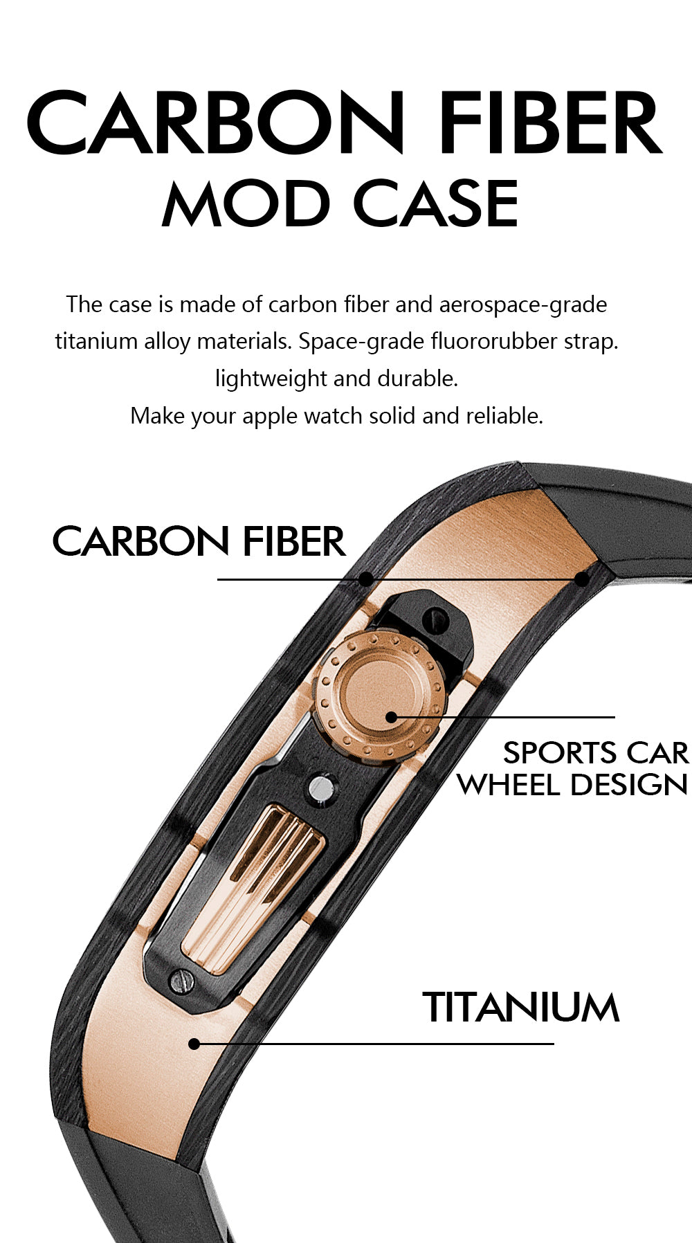 Apple Watch Case 44mm - Carbon Fiber Ti Rose Gold Case + Black Fluoro Strap (8 Screws)