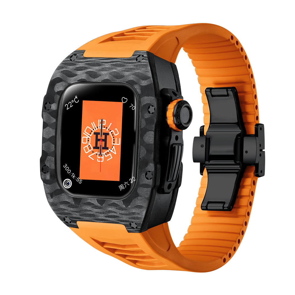 Watch Case for Series 7/8 41MM - Carbon Fiber Ti Black Case + Orange Fluoro Strap