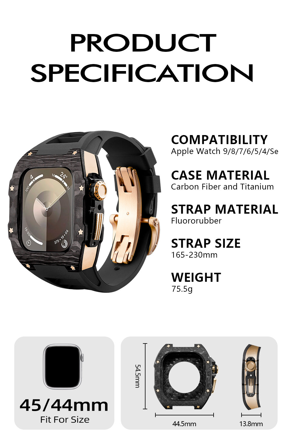 Apple Watch Case for Series 4/5/6/7/8/SE - Carbon Fiber Ti Rose Gold Case + White Fluoro Strap