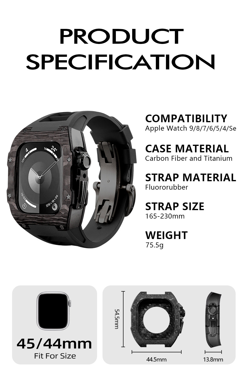 Apple Watch Case for Series 4/5/6/7/8/SE - Carbon Fiber Ti Black Case + Red Fluoro Strap