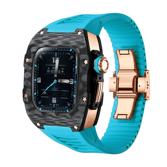 Watch Case for Series 7/8 41MM - Carbon Fiber Rose Gold Ti Case + Blue Fluoro Strap