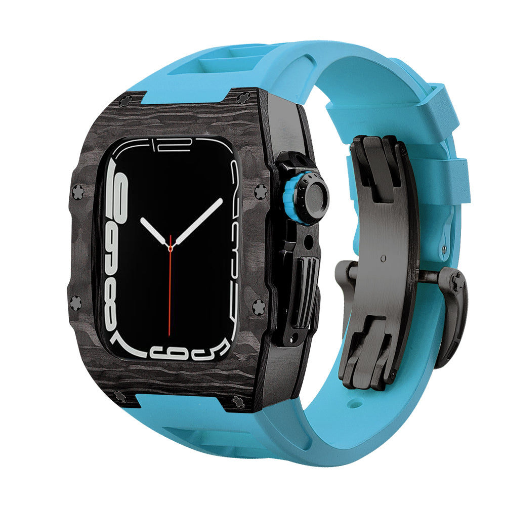 Apple Watch Case for Series 4/5/6/7/8/SE - Carbon Fiber Ti Black Case + Blue Fluoro Strap