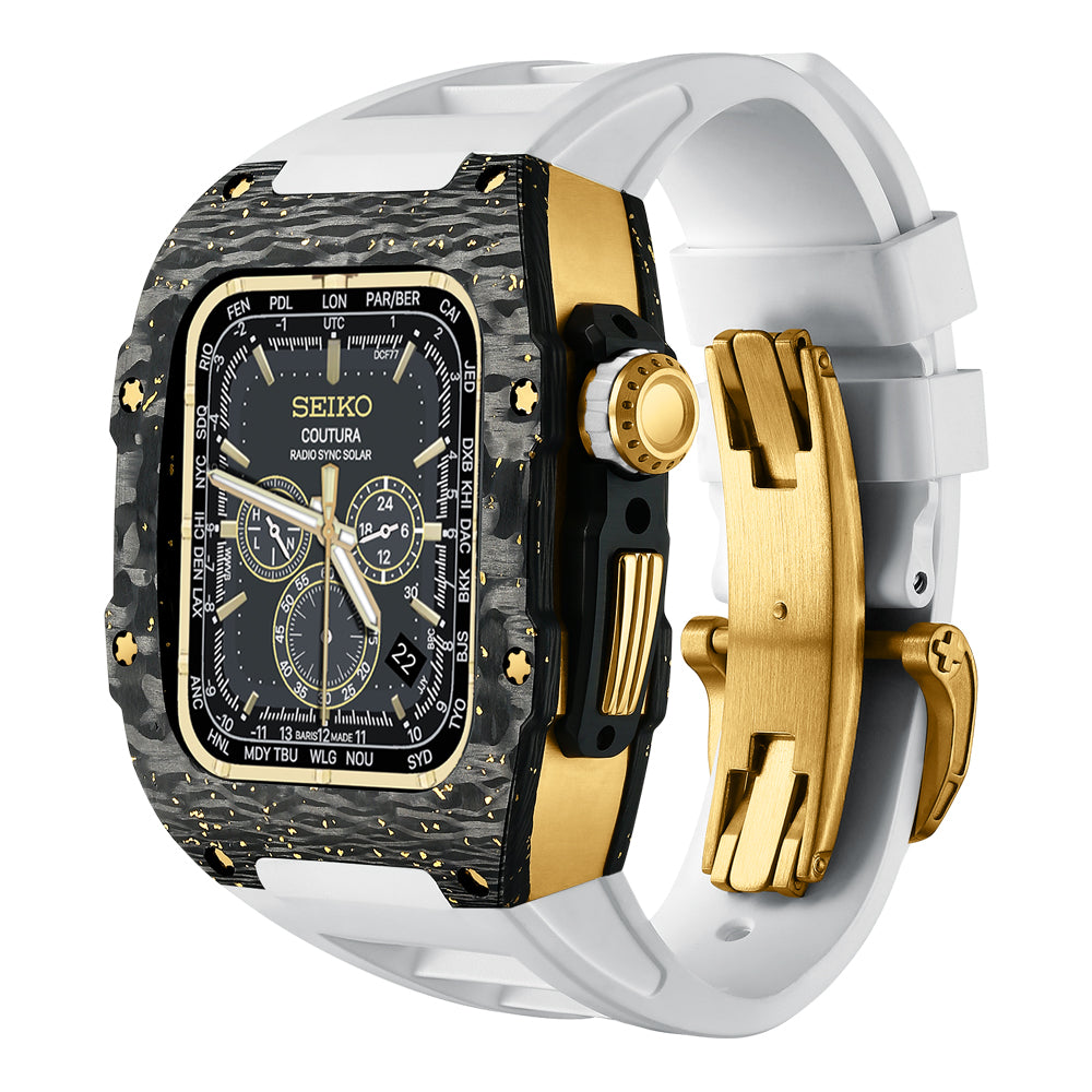 Apple Watch Case for Series 4/5/6/7/8/SE - Gold Foil Carbon Fiber Titanium Gold Case + White Fluoro Strap