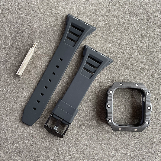 Apple Watch Case 45mm - Carbon Fiber Black Case + Black Silicone Strap