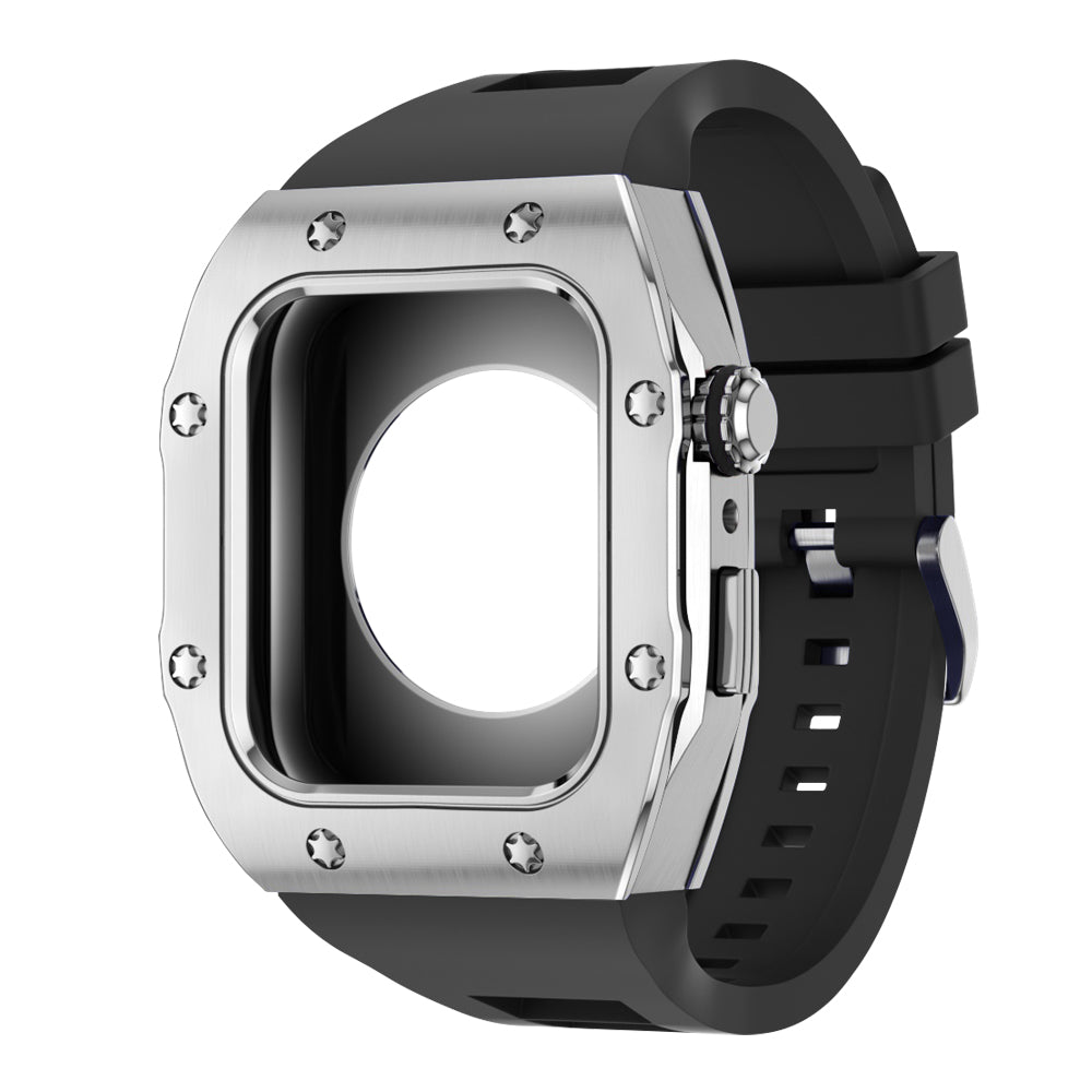 Apple Watch Case 45mm - Steel Case + Black Silicone Strap (8 Screws)