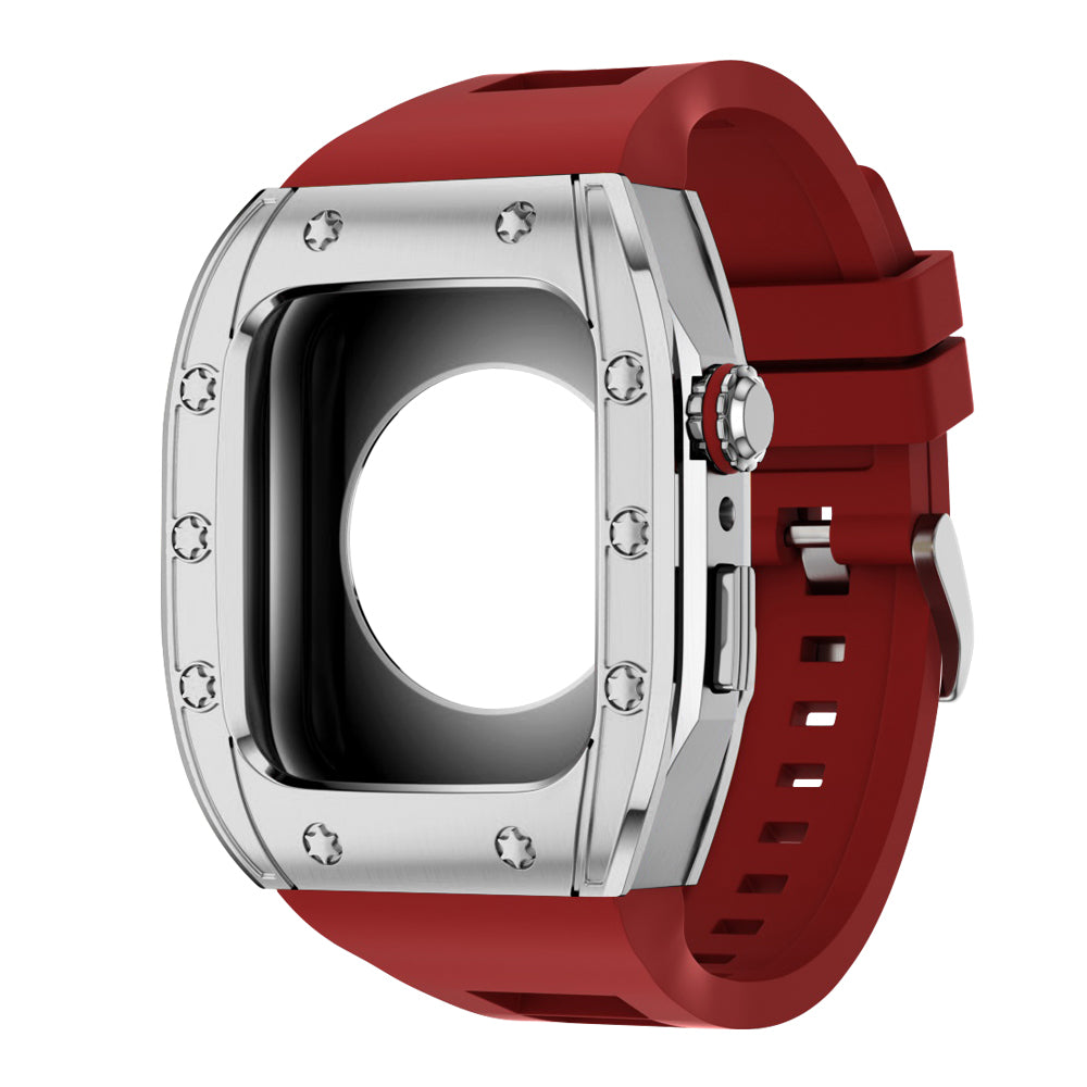 Apple Watch Case 45mm - Steel Case + Red Silicone Strap (10 Screws)