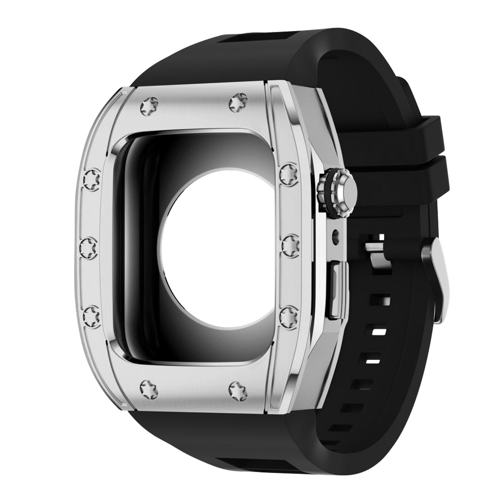 Apple Watch Case 45mm - Steel Case + Black Silicone Strap (10 Screws)