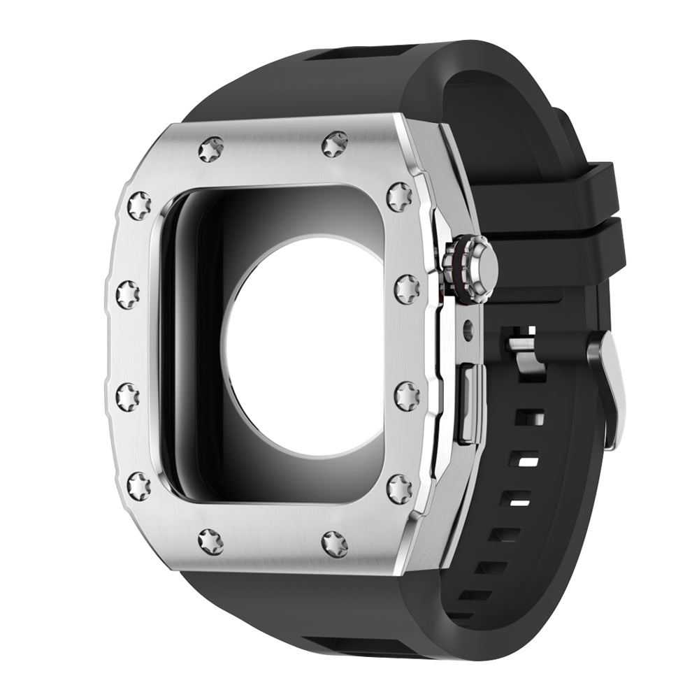 Apple Watch Case 44mm - Steel Case + Black Silicone Strap (12 Screws)