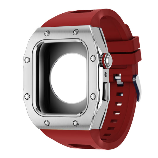 Apple Watch Case 44mm - Steel Case + Red Silicone Strap (8 Screws)