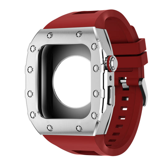 Apple Watch Case 44mm -  Steel Case + Red Silicone Strap (12 Screws)