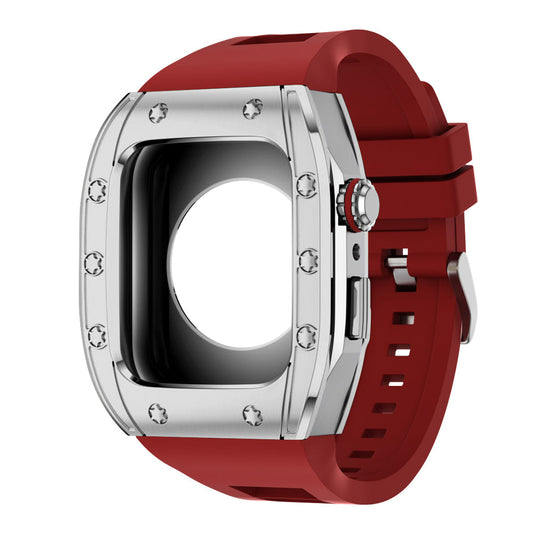 Apple Watch Case 44mm - Steel Case + Red Silicone Strap (10 Screws)