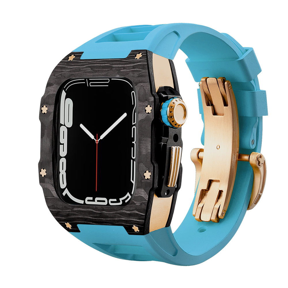 Apple Watch Case for Series 4/5/6/7/8/SE - Carbon Fiber Ti Rose Gold Case + Blue Fluoro Strap