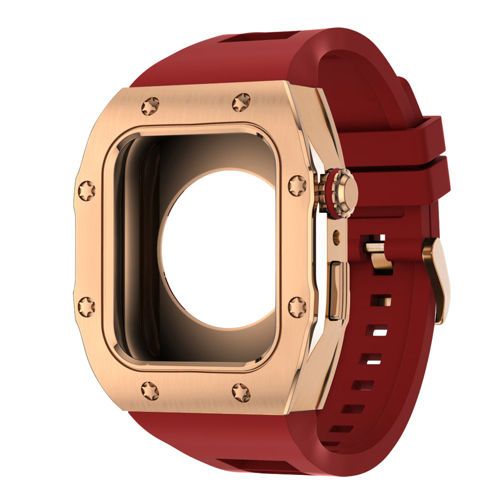 Apple Watch Case 44mm -  RG Bezel Rose Gold Case + Red Silicone Strap (8 Screws)
