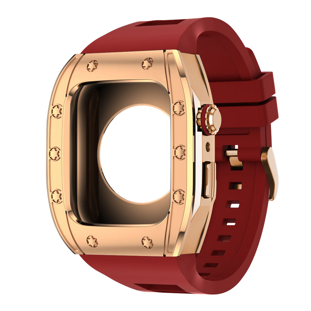 Apple Watch Case 45mm - RG Bezel Rose Gold Case + Red Silicone Strap (10 Screws)