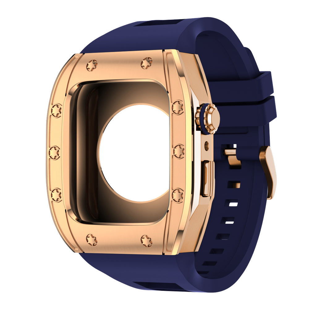 Apple Watch Case 44mm -  RG Bezel Rose Gold Case + Blue Silicone Strap (10 Screws)