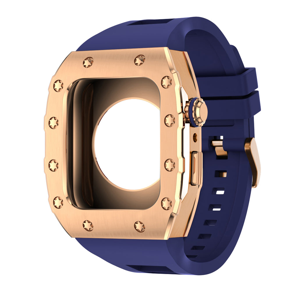 Apple Watch Case 45mm -  RG Bezel Rose Gold Case + Blue Silicone Strap (12 Screws)