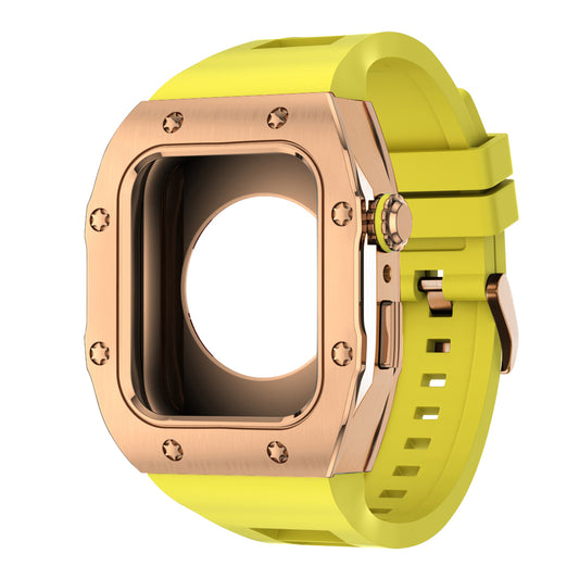 Apple Watch Case 44mm -  RG Bezel Rose Gold Case + Yellow Silicone Strap (8 Screws)